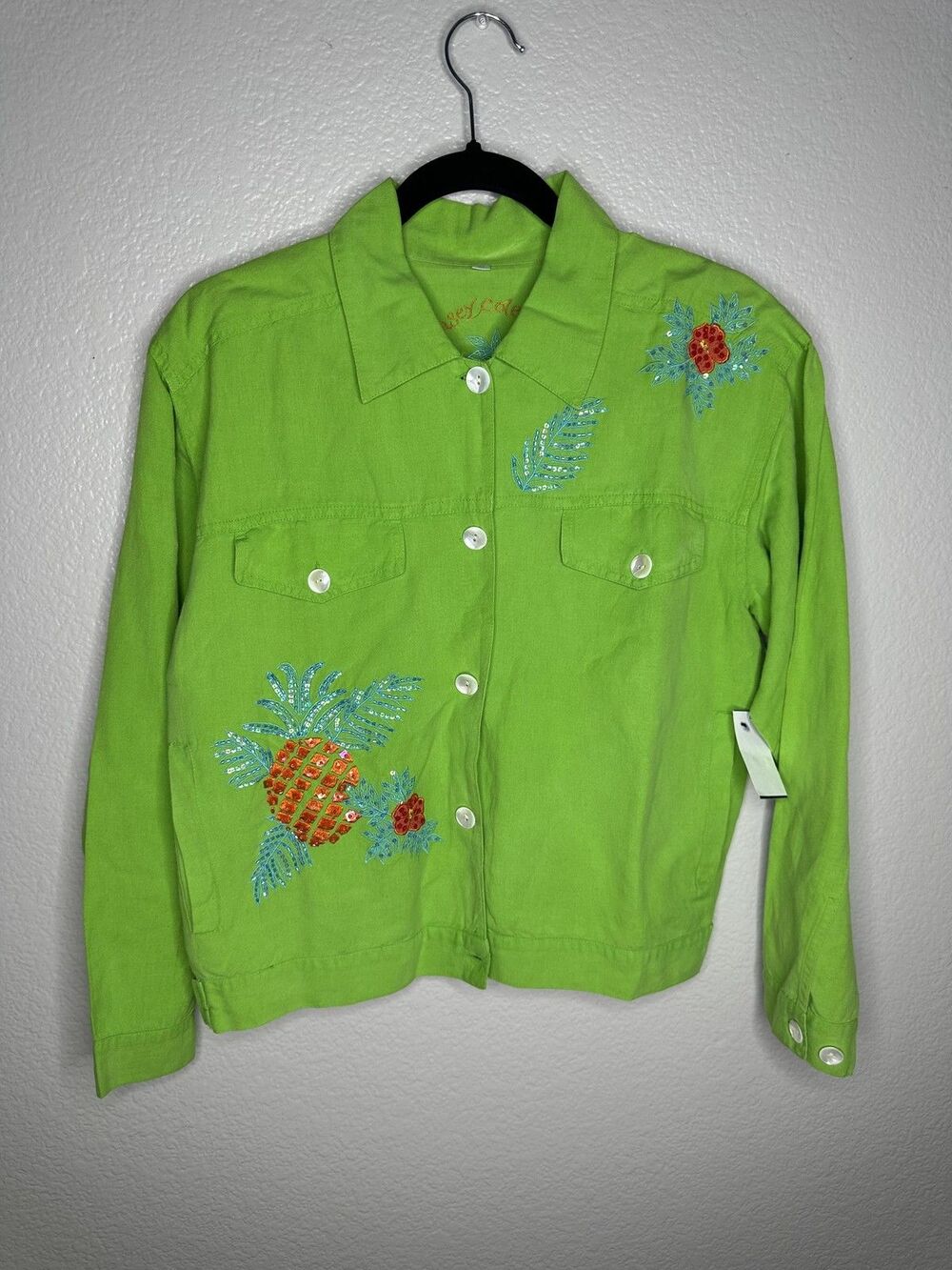 NEW Casey Coleman Jacket Womens Medium Green Linen Embroidered Pineapple Sequin